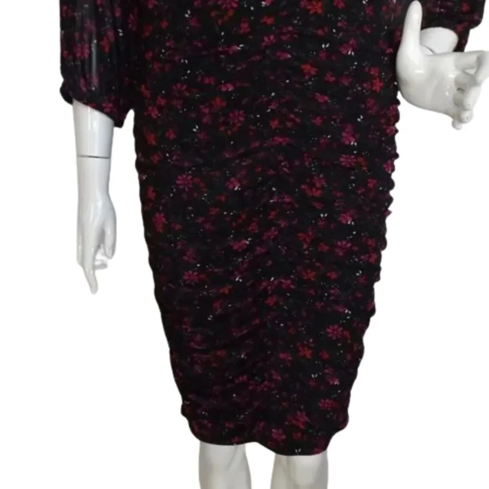 new TORRID Dress, 0/L, Black, Red/Purple Floral, Ruched Skirt, Scoop neck, Meshy - Picture 5 of 16